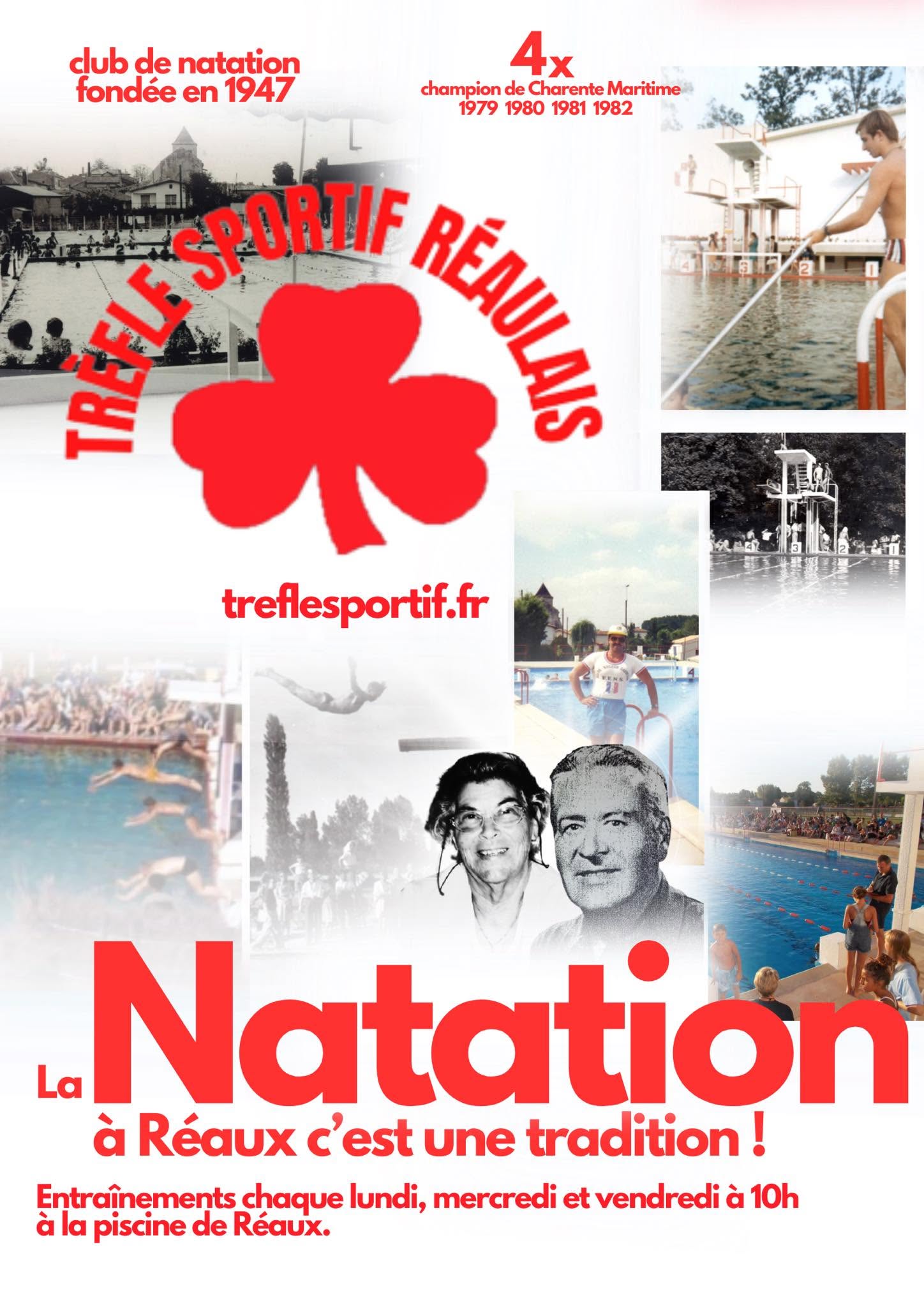 Affiche de la natation à Réaux : entraînements les lundis, mercredis et vendredis à 10 h