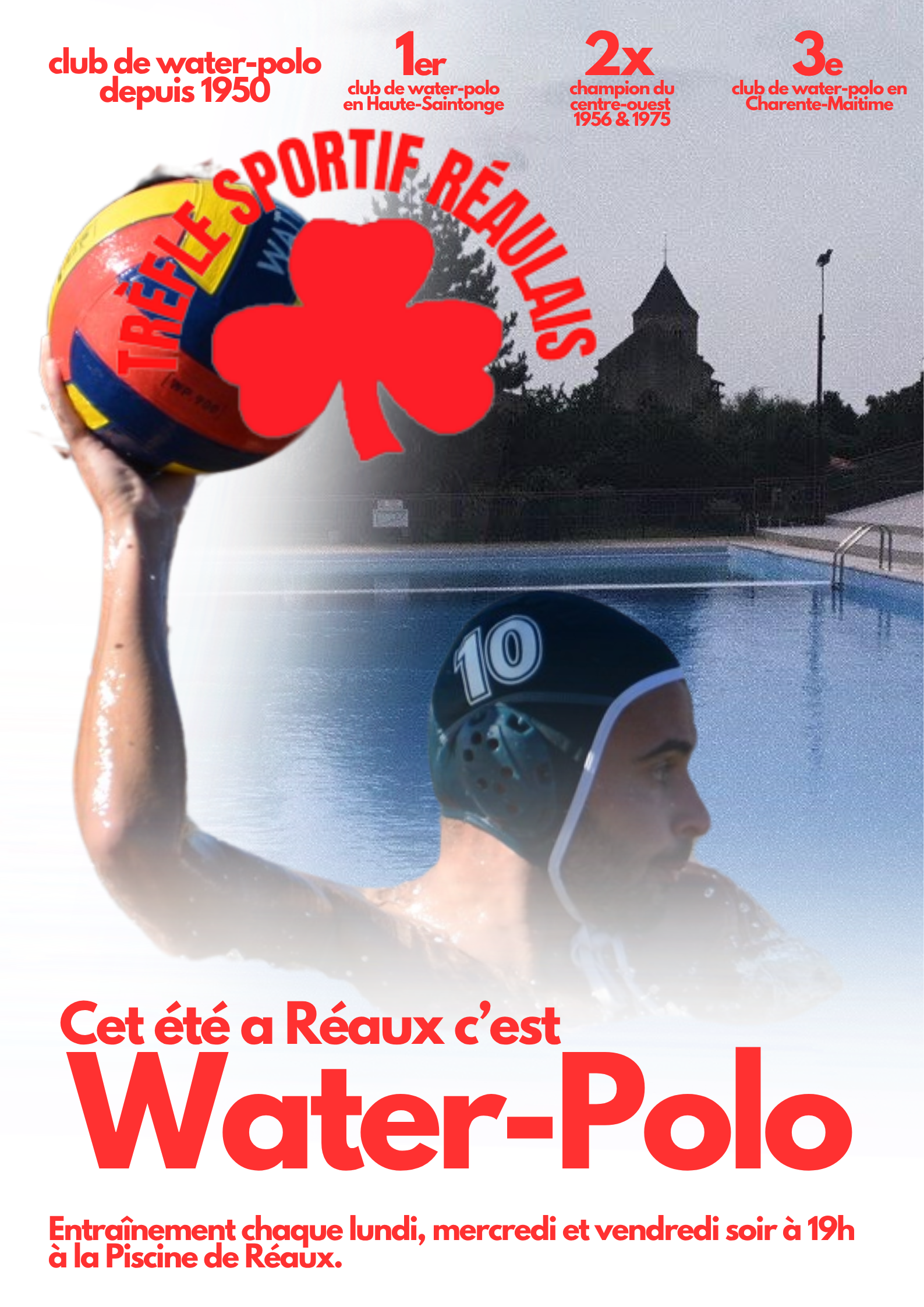 Affiche du water-polo à Réaux : entraînements les lundis, mercredis et vendredis soir à 19 h
